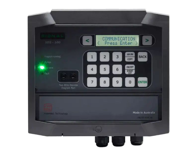 Dark hardware product shot of SDS-Series enclosure and cable ports