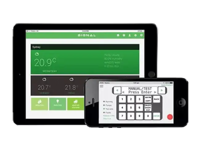 Dark phone mockup showing irrigation controls and data readouts